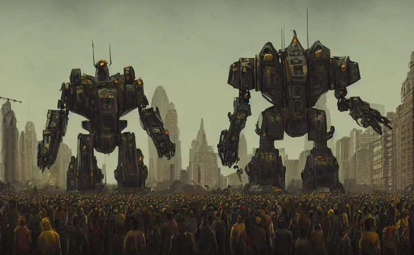 Image similar to an intricate matte painting of a giant armored plated metal mecha, crowd of people, by simon stalenhag, rust, yellow and black trim, trending on artstation, hdr, 8 k