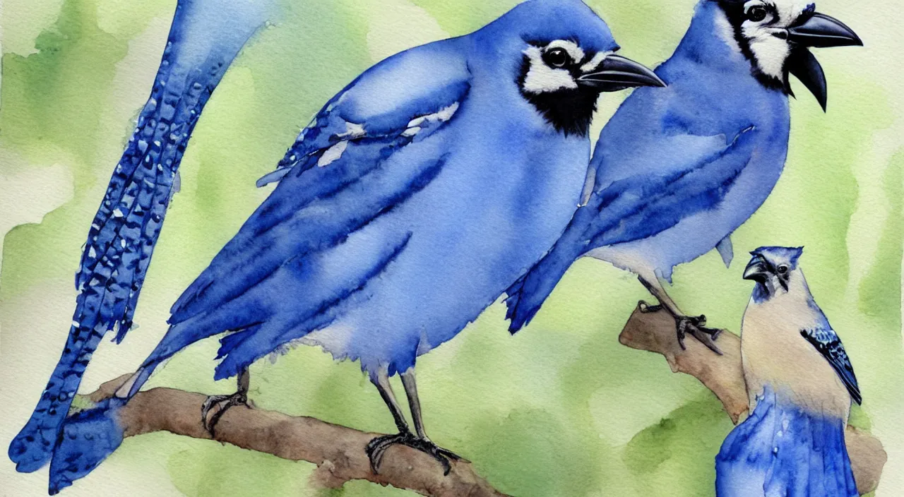 Prompt: watercolor painting of one bluejay, one raven, beautiful,