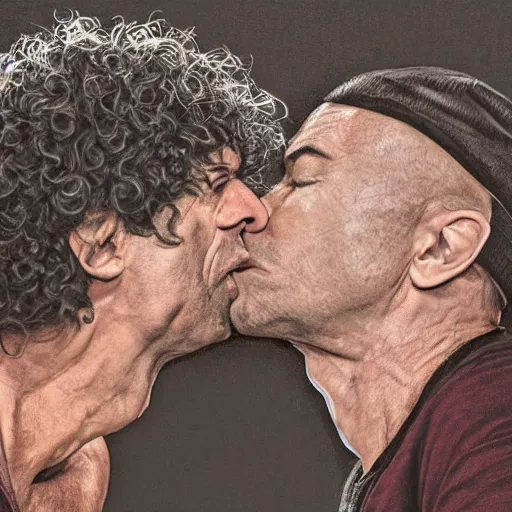 Prompt: Joe Rogan and Howard Stern kissing, intricate, highly detailed, concept art, smooth, sharp focus, illustration, medium shot, mid-shot