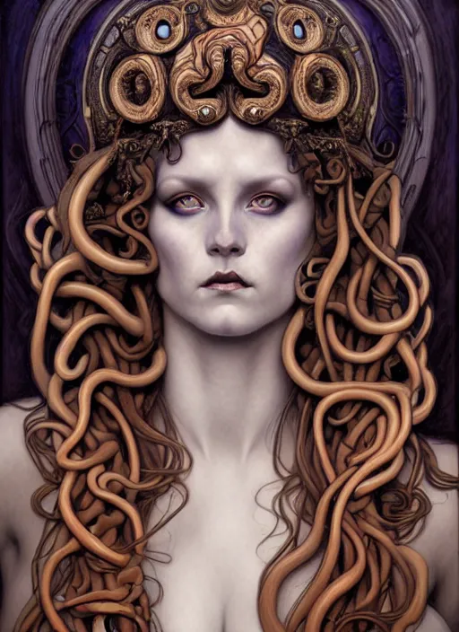 Image similar to an art nouveau, medusa portrait in the style of charlie bowater, and in the style of donato giancola, and in the style of charles dulac. very large, clear, expressive, intelligent eyes. symmetrical, centered, ultrasharp focus, dramatic lighting, photorealistic digital painting, intricate ultra detailed background.