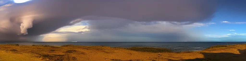 Prompt: Panorama view of the sky, looking out over the sea, 50* degree up from the horizon, big cumulonimbus clouds, storm clouds with volcano eruption