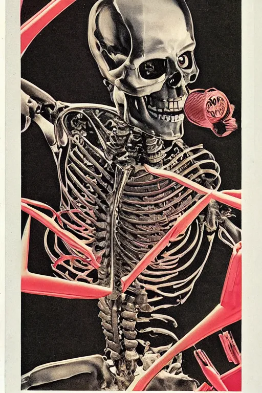 Image similar to 1970 book cover, cyborg skeleton, anaglyph,