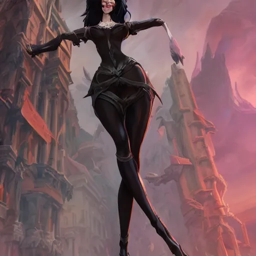 Image similar to tall woman with black hair and pale skin, from league of legends, as human, au naturel, hyper detailed, digital art, trending in artstation, cinematic lighting, studio quality, smooth render, unreal engine 5 rendered, octane rendered, art style by klimt and nixeu and ian sprigger and wlop and krenz cushart!