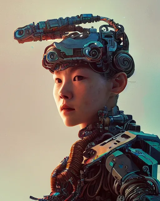 Image similar to portrait of Aloy as a cyborg. intricate abstract. intricate artwork. by Tooth Wu, wlop, beeple, dan mumford. octane render, trending on artstation, greg rutkowski very coherent symmetrical artwork. cinematic, hyper realism, high detail, octane render, 8k, iridescent accents