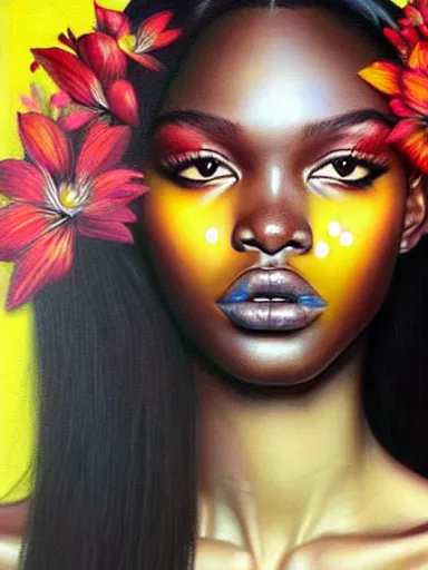 Image similar to portrait of duckie thot with a floral background : : painted by artgerm, karol bak, artur bordalo, sandra chevrier : : portrait, character, illustration, hyperrealism, photorealism,