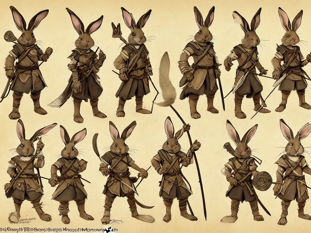 Image similar to character design sheet for a group of heroic rabbit archers on a parchment background, redwall, greg rutowski and jean baptiste monge, very very detailed, epic fantasy concept art