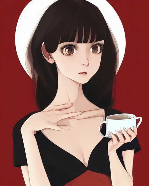 Image similar to a portait of a beautiful dark haired french girl, attractive collarbone and shoulders, holding a mug of hot tea. In the style of ilya kuvshinov, high resolution, pixiv, fanbox, skeb.jp, clipstudio, medibang, ichi-up, CGWORLD, manga cover
