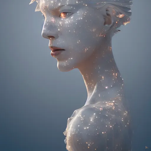 Image similar to abstract female sculpture made of white marble and amethyst crystals quartz, ethereal lights, fine details, artstation, film still, cinematic photoshooting, luxury, golden filigree, octane render