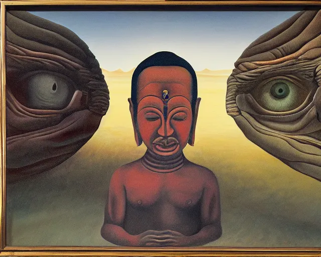 Image similar to a surreal painting of a man meeting giant buddahs eyes in the desert