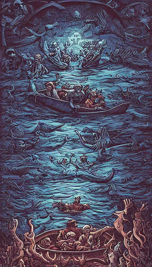 Image similar to man on boat crossing a body of water in hell with creatures in the water, sea of souls, by dan mumford,