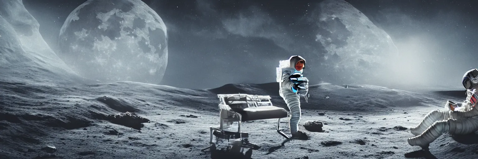 Image similar to A highly photographic render of astronaut on the Moon, sitting on a concrete bench reading a book facing planet Earth, rim lighting, cinematic lighting, octane engine, photo realistic image, 4K, super detailed, cinematic look