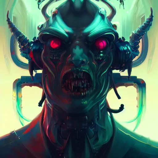 Image similar to a portrait of a demonic cybernetic prince of darkness, cyberpunk concept art by pete mohrbacher and wlop and artgerm and josan gonzales, digital art, highly detailed, intricate, sci-fi, sharp focus, Trending on Artstation HQ, deviantart, unreal engine 5, 4K UHD image