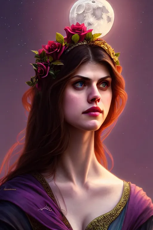 Image similar to photography alexandra daddario as a rose flower, dreamy, moonlight, deep focus, d & d, fantasy, complex, elegant, highly detailed, digital painting, artstation, concept art, matte, clear focus, illustration, hearthstone, artgerm art, greg rutkovsky and alphonse mucha