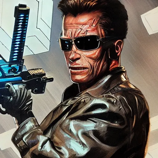 Prompt: The Terminator model 101 walks into club \'Tech Noir\' brandishing an UZI 9mm sub machine gun, detailed, digital painting, artstation, concept art, smooth, sharp focus, illustration, art by artgerm and greg rutkowski and alphonse mucha