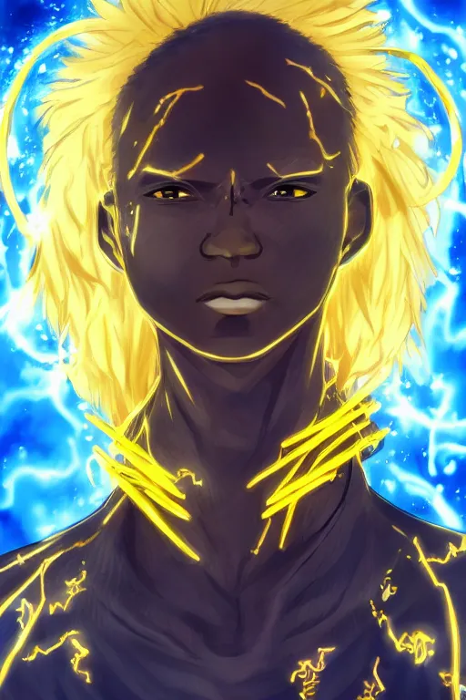 Image similar to golden glowing black male anime character, blonde hair, yellow eyes, symmetrical, highly detailed, digital art, sharp focus, trending on art station, crazy hair, electricity everywhere