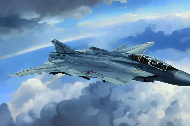 Prompt: Mikoyan MiG-29 flying in the sky, blue sky, white clouds, highly detailed, digital painting, artstation, concept art, sharp focus, illustration, art by artgerm and greg rutkowski and alphonse mucha