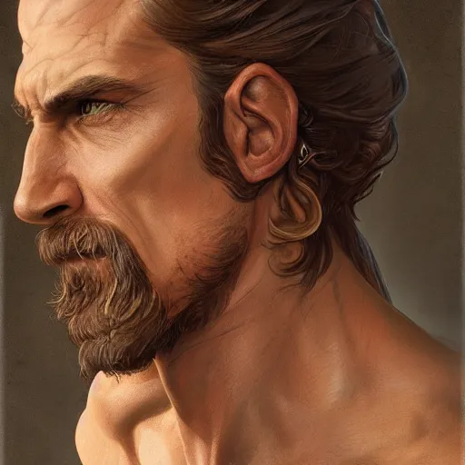 Image similar to portrait of a young, ruggedly handsome ranger, muscular, half body, leather, smirk, fantasy, intricate, elegant, highly detailed, digital painting, artstation, concept art, smooth, sharp focus, illustration, art by artgerm and greg rutkowski and alphonse mucha