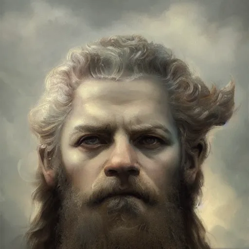 Prompt: breathtaking soft painting of zeus in a cloudy sky, realistic symmetrical face features, rembrandt style, elegant, highly detailed, artstation, concept art, matte, sharp focus, art by tom bagshaw, and greg rutkowski
