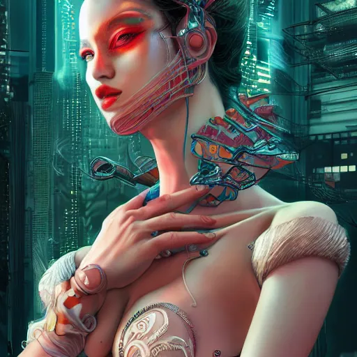 Image similar to the portrait of an absurdly beautiful, graceful, elegant, sophisticated, fashionable cyberpunk gravure idol, an ultrafine hyperdetailed illustration by kim jung gi, irakli nadar, intricate linework, bright colors, porcelain skin, unreal engine 5 highly rendered, cgsociety, global illumination, radiant light, detailed and intricate environment