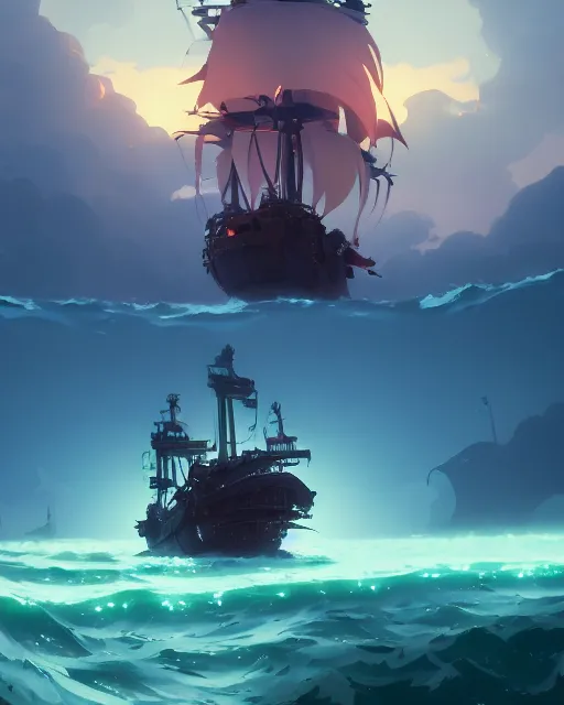 Image similar to a gigantic glowing kraken attacking a big pirate ship, deep water, cory loftis, james gilleard, atey ghailan, makoto shinkai, goro fujita, studio ghibli, rim light, exquisite lighting, clear focus, very coherent, plain background, soft painting