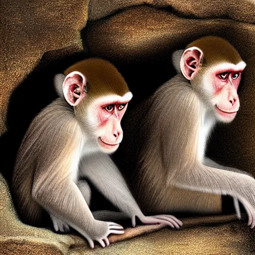 Image similar to two macaques looking at each other inside ancient cave, digital art, soft shadows, creepy art, shadman art