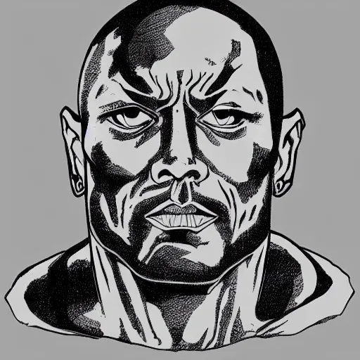 Prompt: a portrait of The rock as a rock statue, in the style of Moebius, black and white ink