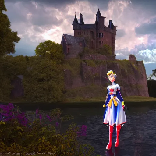 Image similar to middle age girl in sailor sun warrior outfit, goth castle in a scottish landscape, art by frazetta, global illumination ray tracing hdr, 4 k, trending on artstation