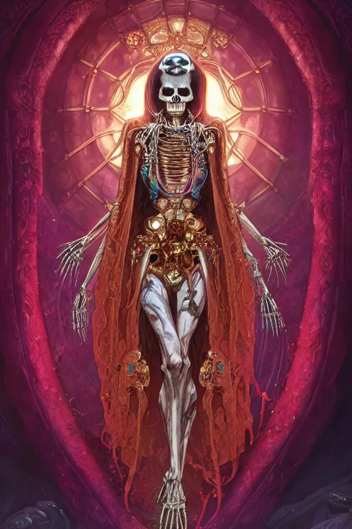 Image similar to woman lich skeleton made of iridescent aether and shiny gems covered with blood, long red hair, golden necklace, ultra realistic, concept art, intricate details, highly detailed, photorealistic, octane render, 8 k, unreal engine. dnd art by artgerm and greg rutkowski and alphonse mucha