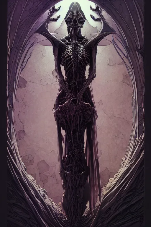 Prompt: artgerm, joshua middleton, mucha, beksinski, moebius, heavy metal comic cover art, psychedelic triangular skeletal calcification fungus lich in darkiron spike armor, full body, hollow eyes, symmetrical face, long black crown, in a dungeon background, moody dark colors