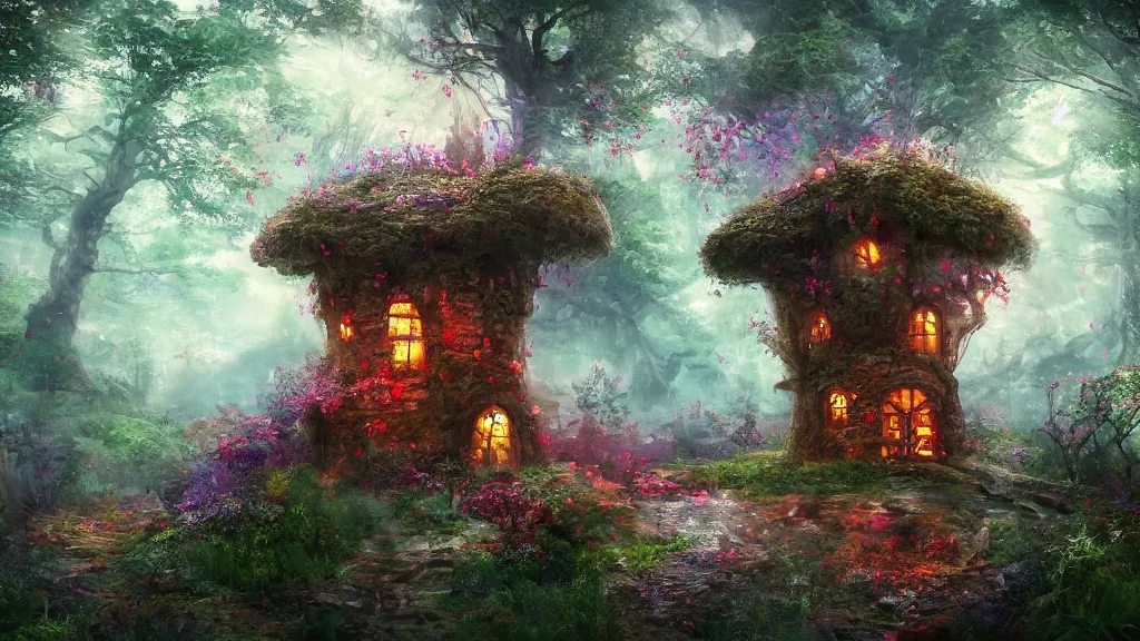 Prompt: fantasy multistorey red toadstool cottage growing in magical forest, foggy atmosphere, volumetric lighting, fantasy artwork, very beautiful scenery, very realistic painting effect, hd, hdr, cinematic 4k wallpaper, 8k, ultra detailed, high resolution