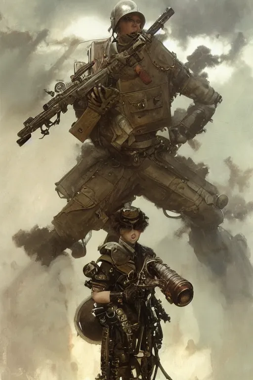 Image similar to dieselpunk military character concept art, painted by ruan jia, raymond swanland, lawrence alma tadema, zdzislaw beksinski, norman rockwell, jack kirby, tom lovell, alex malveda, greg staples