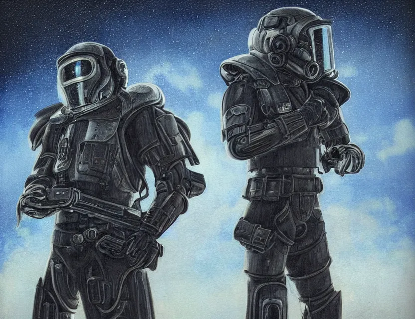 Prompt: a detailed portrait painting of a lone bounty hunter wearing combat armour and a reflective visor. Head and chest only. Dieselpunk elements. Movie scene, cinematic sci-fi scene. Flight suit, cloth and metal, accurate anatomy. Brutalist, dystopian. portrait symmetrical and science fiction theme with lightning, aurora lighting. clouds and stars. Atmospheric. Futurism by moebius beksinski carl spitzweg moebius and tuomas korpi. baroque elements. baroque element. intricate artwork by caravaggio. Oil painting. Trending on artstation. 8k