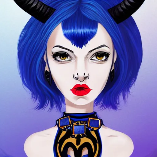 Image similar to illustrated portrait of ram-horned devil woman with blue bob hairstyle and hex #FFA500 colored skin tone and with solid black eyes wearing leather by rossdraws