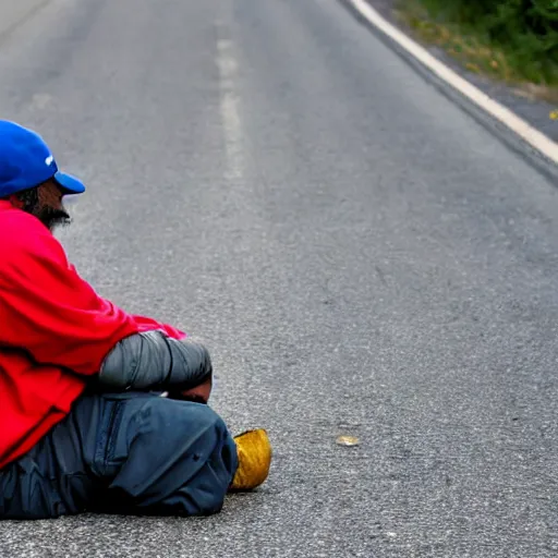 Prompt: a homeless angry man wearing mario's hat pointing the middle finger at the camera, on the side of a road, he is sitting on a sleeping bag.