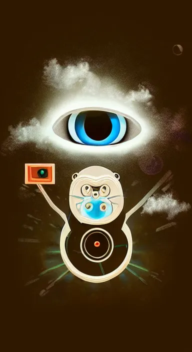 Image similar to “ big eye monkey holding laser gun floating in clouds, digital art, super aesthetic, art station childish style ”