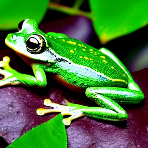 Image similar to Ordinary garden frog transforming into a human Prince with green suit and jeweled crown