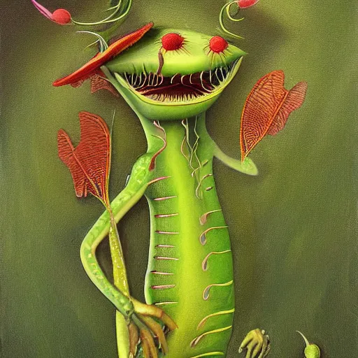 Prompt: anthropomorphic venus fly trap plant magical realism 8k detailed painting