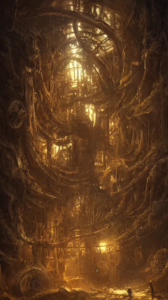 Image similar to clockwork yggdrasil deep underground, steampunk machinery, intricate matte painting, light from cracks in the cave ceiling, roots covered in gears, god rays, cinematic lighting, highly detailed oil painting, epic fantasy art, artstation, masterpiece, 8k