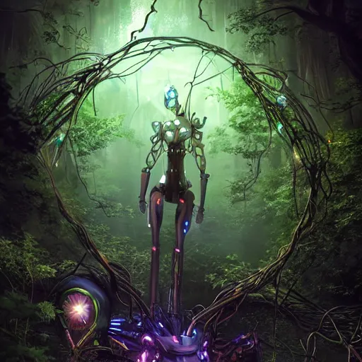 Image similar to large mechanical creature with robotic parts and glowing eyes in ethereal forest with vines hanging from the trees, glowing fireflies scattered, desaturated, mystical, sharp focus, highly detailed, artgerm, cgsociety