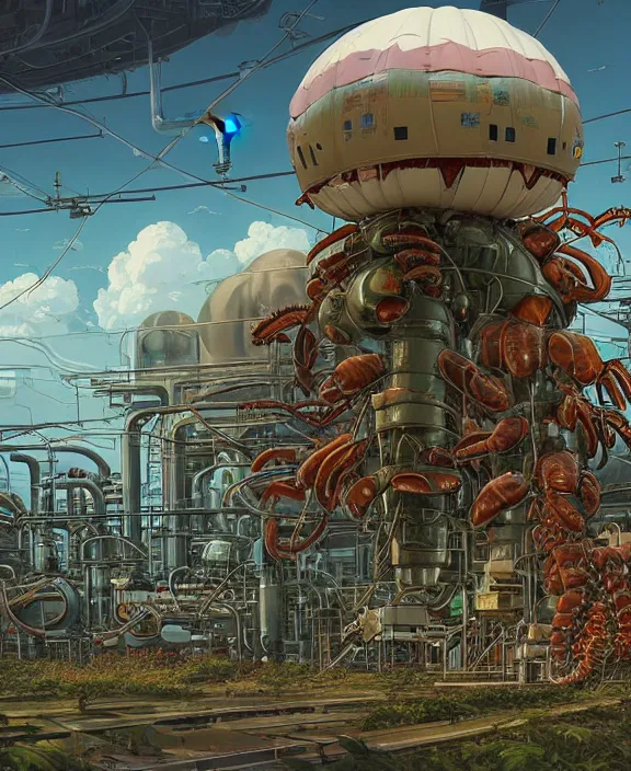 Prompt: inflated industrial plant made from isopod lobster octopus, in the style of spaceship, overgrown with orchids, partly cloudy, somber, dramatic lighting, by geof darrow, bill sienkiewicz, dan mumford, yusuke murata, makoto shinkai, ross tran, cinematic, unreal engine, cel shaded, featured on artstation, pixiv