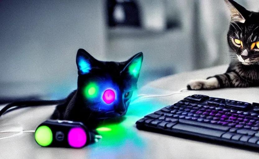 Image similar to a cat using a gaming computer, realistic, dark, rgb