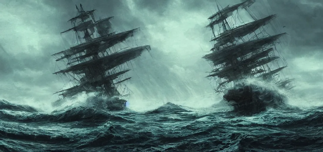 Prompt: wild ocean, ship gets pulled down by giant kraken, rainy night, dramatic lighting, cinematic, establishing shot, extremly high detail, foto realistic, pirates of the carribean, cinematic lighting, post processed, concept art, artstation, matte painting, style by studio ghibli, mysazaki