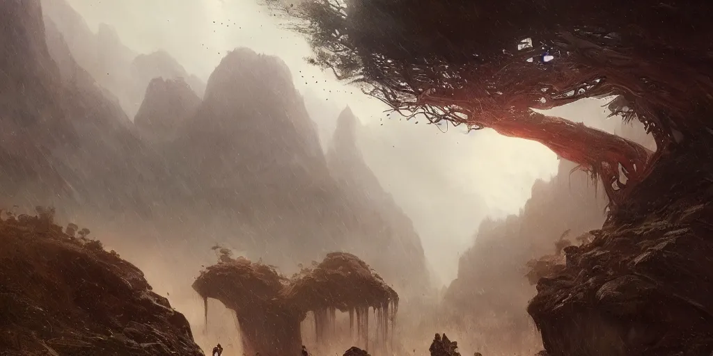 Prompt: raining landscape in the [ late triassic ]!!!!, triassic creatures!!!, illustrated by greg rutkowski and gaston bussiere, trending on artstation, cgsociety contest winner, 4 k photorealism, 4 k quality