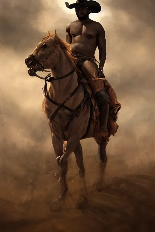 Prompt: a beautiful dramatic epic painting of a thicc!! shirtless handsome black man | he is wearing a leather harness and cowboy hat | prairie setting, dust clouds | homoerotic, highly detailed, dramatic lighting | by Mark Maggiori, by William Herbert Dunton, by Charles Marion Russell | trending on artstation