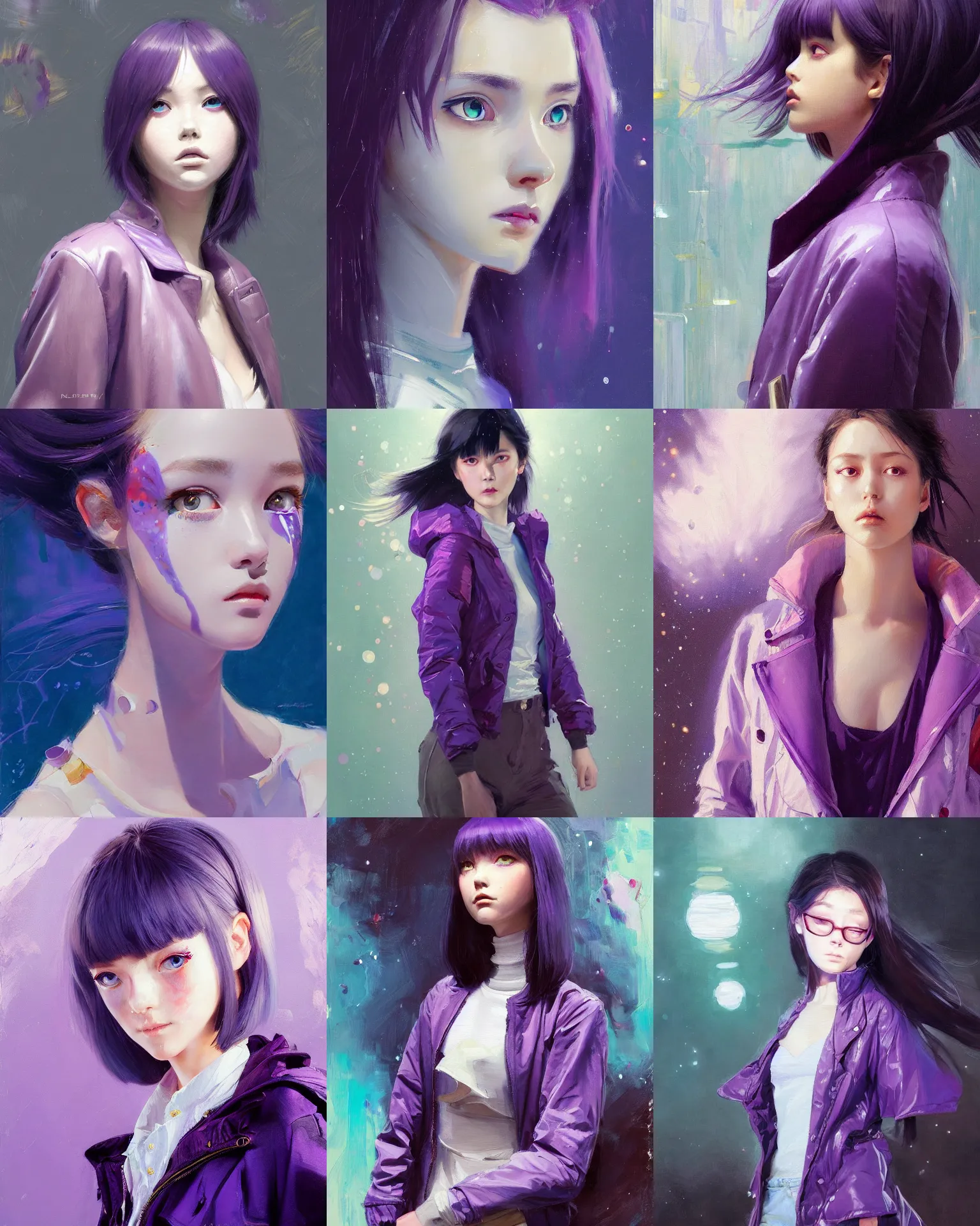 Image similar to a painting of a fully dressed girl wearing a jacket upper body with beautiful purple galaxy eyes, highly detailed, digital painting, artstation, sharp focus, dreamy illustration, art by katsuhiro otomo ghost - in - the - shell, artgerm, jeremy lipkin and giuseppe dangelico pino and michael garmash and rob rey