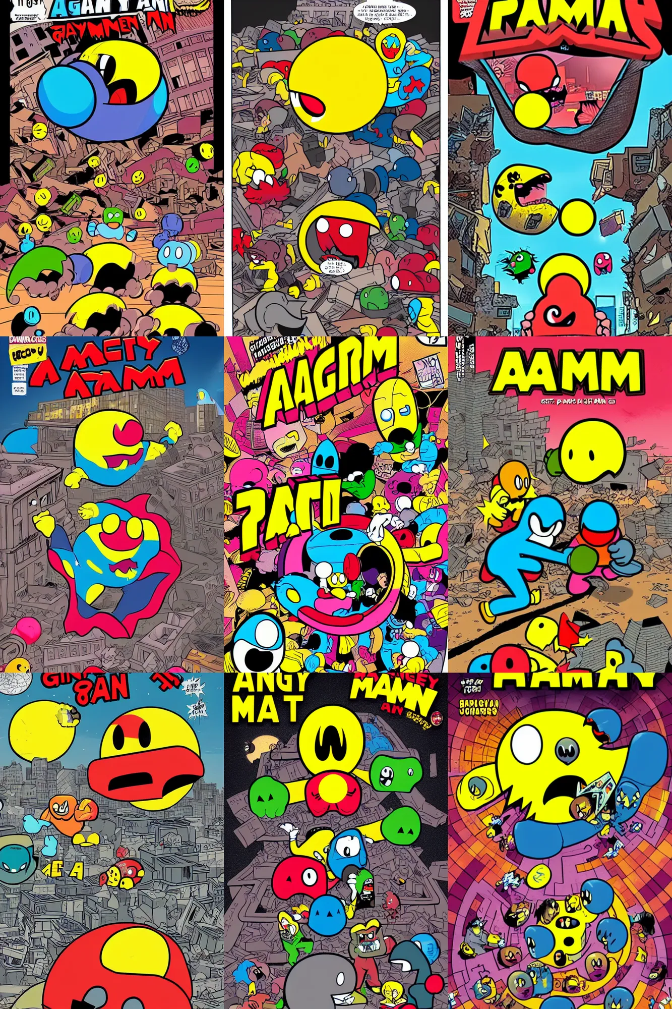 Prompt: angry giant pacman fight people in ruined city, a comics cover