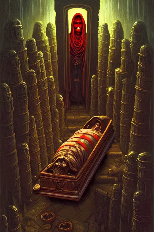 Prompt: classic oil painting, a mummy with red eyes is waking up from his tomb, as a dnd character, inside a dark mausoleum full of coffins, cottagecore, highly detailed, digital illustration, concept art, smooth, sharp focus, ominous, art by tim hildebrandt, and greg hildebrandt