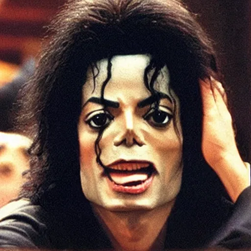 Image similar to michael jackson hidding under your bed making a silent lips sign