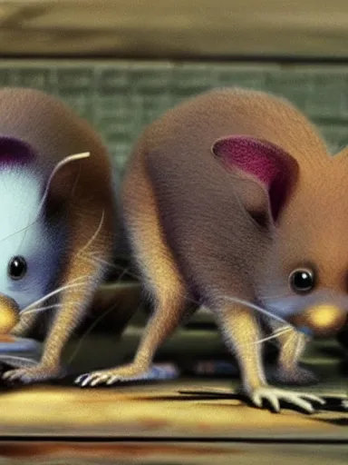 Image similar to 3 blind mice eating chicken, high detail, character, 3D, dark dull colors, photo realistic,