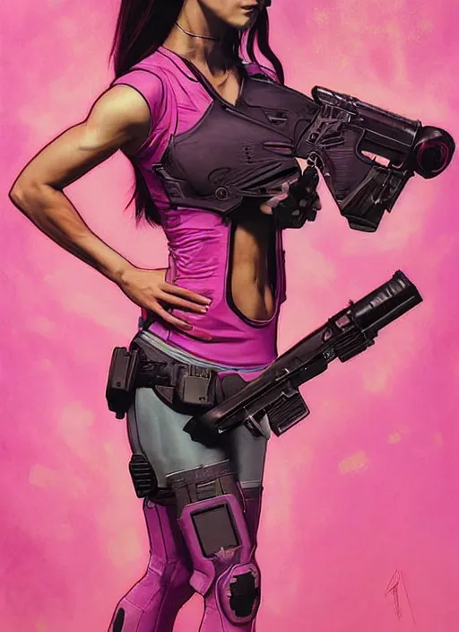 Image similar to beautiful cyberpunk female athlete wearing pink athletic gear. firing a futuristic red automatic pistol with huge magazine. ad for pistol. cyberpunk poster by james gurney, azamat khairov, and alphonso mucha. artstationhq. gorgeous face. painting with vivid color, cell shading. ( rb 6 s, cyberpunk 2 0 7 7 )